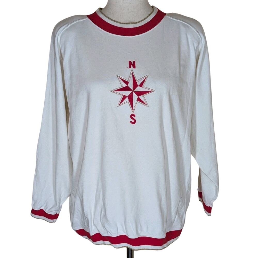 Vintage Jason Maxwell Womens Large White Red Embroidered Nautical Sweatshirt